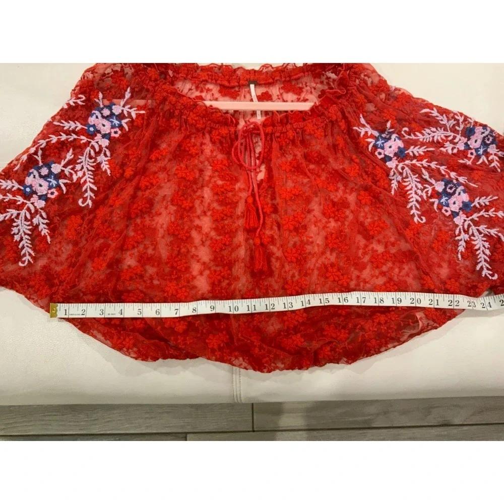 Free People Red Sheer Lace Embroidered Off Shoulder Tassel Blouse Small OB643444